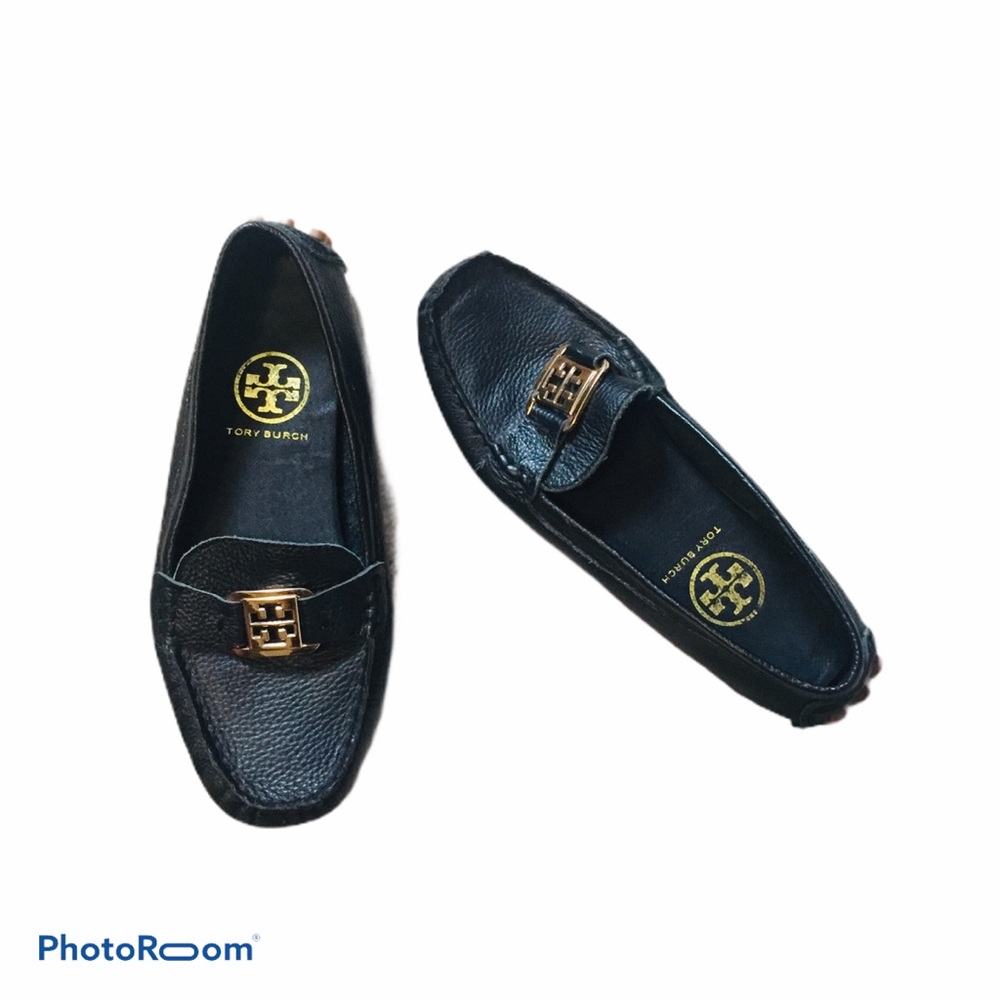 Tory Burch Kira Leather Driving Loafers Black Gold